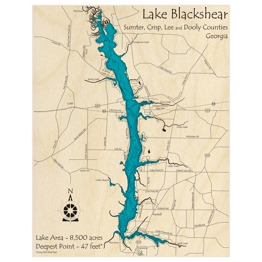Bathymetric topo map of Lake Blackshear with roads, towns and depths noted in blue water