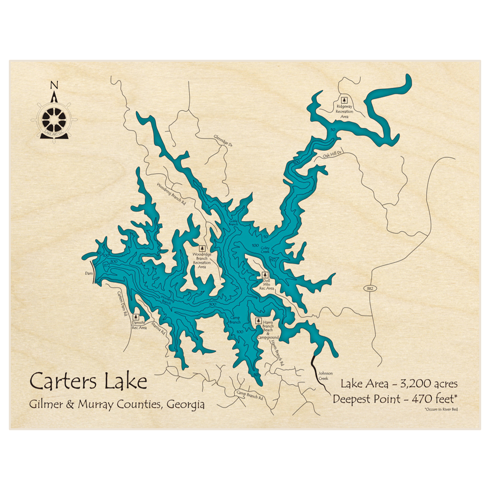 Bathymetric topo map of Carters Lake with roads, towns and depths noted in blue water