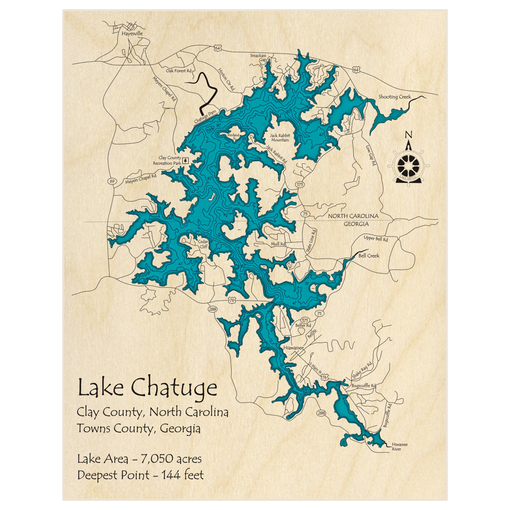 Bathymetric topo map of Lake Chatuge with roads, towns and depths noted in blue water
