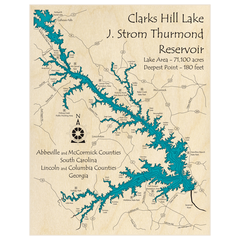 Bathymetric topo map of Clarks Hill Lake - J Strom Thurmond Reservoir with roads, towns and depths noted in blue water