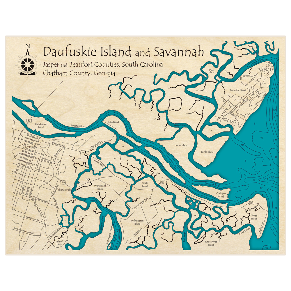 Bathymetric topo map of Daufuskie Island and Savannah with roads, towns and depths noted in blue water