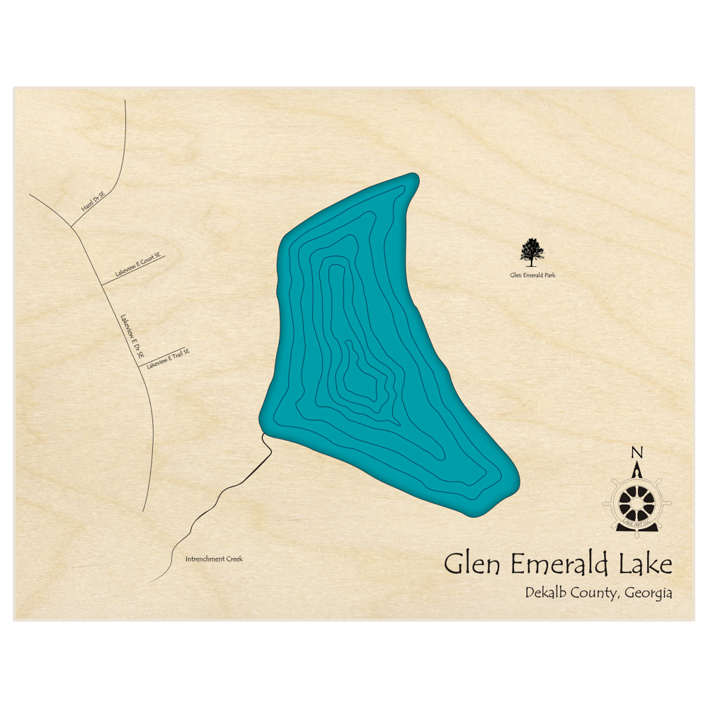 Bathymetric topo map of Glen Emerald Lake  with roads, towns and depths noted in blue water