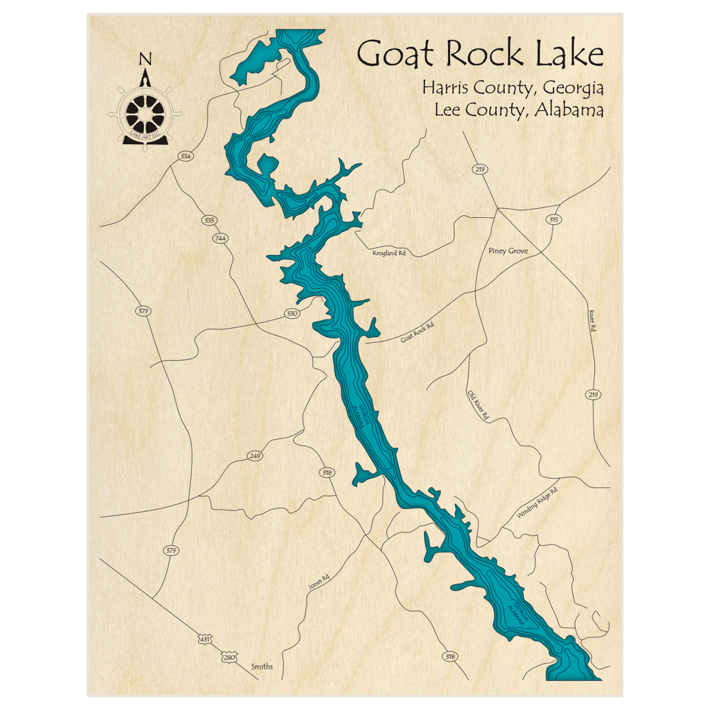 Bathymetric topo map of Goat Rock Lake  with roads, towns and depths noted in blue water