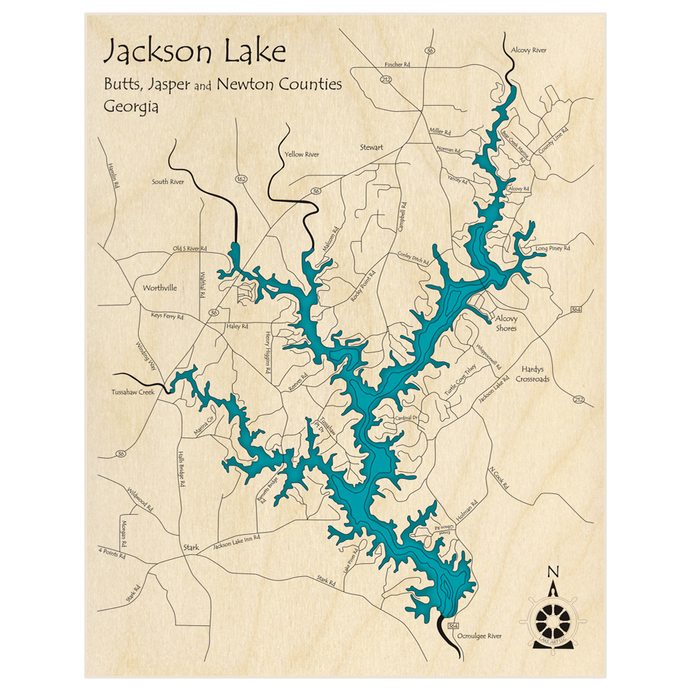Bathymetric topo map of Jackson Lake  with roads, towns and depths noted in blue water