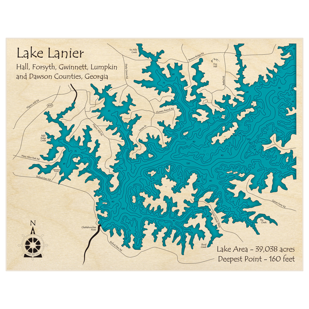 Bathymetric topo map of Lake Lanier (Southern Half) with roads, towns and depths noted in blue water