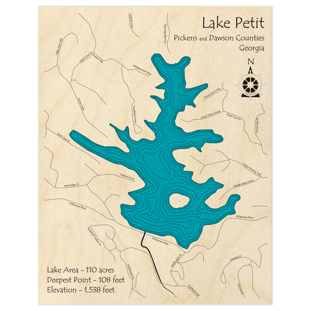Bathymetric topo map of Lake Petit  with roads, towns and depths noted in blue water