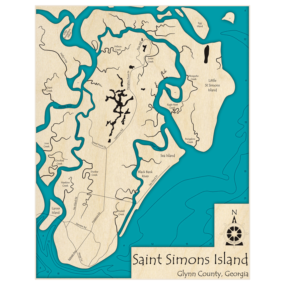 Bathymetric topo map of Saint Simons Island with roads, towns and depths noted in blue water