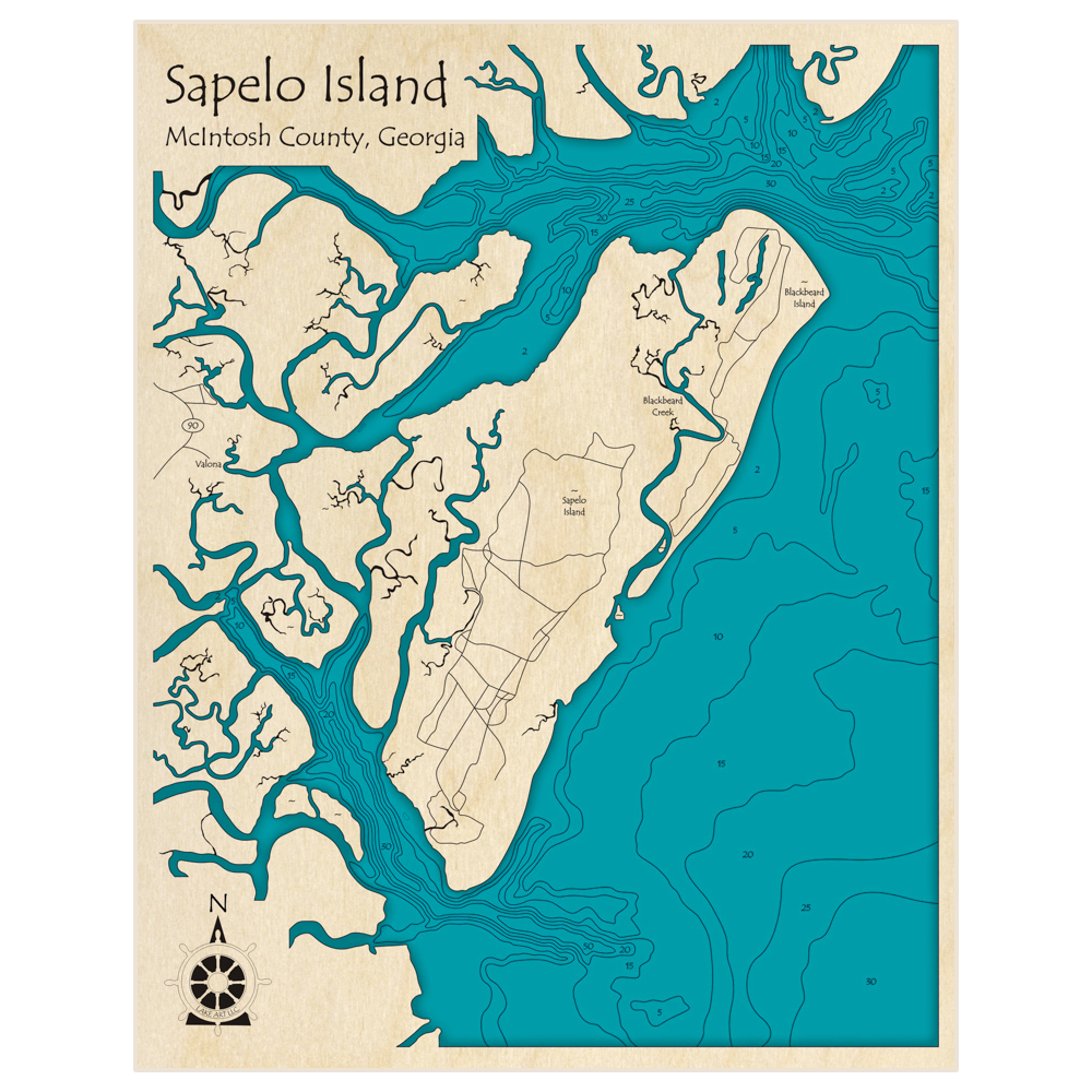 Bathymetric topo map of Sapelo Island with roads, towns and depths noted in blue water
