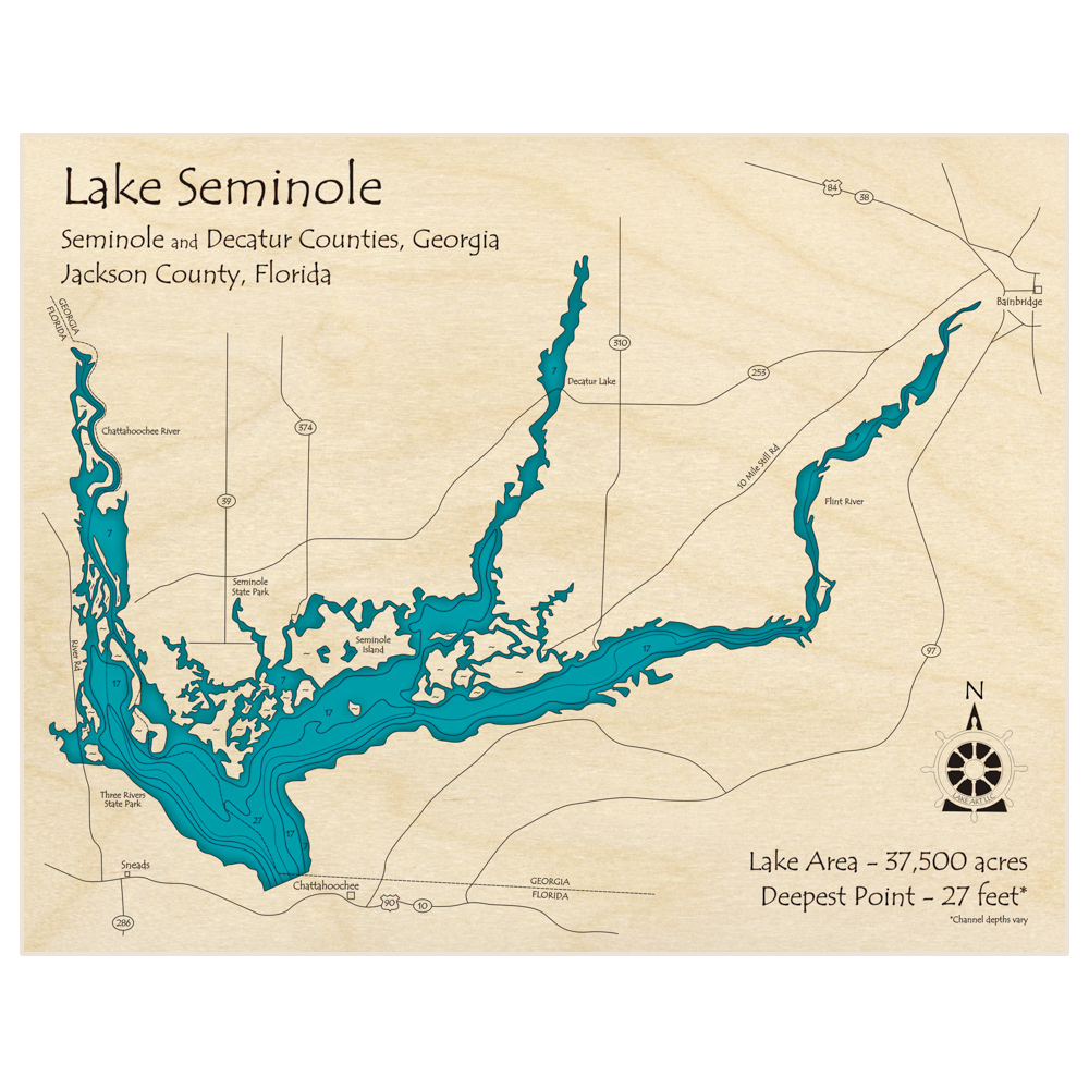 Bathymetric topo map of Lake Seminole with roads, towns and depths noted in blue water