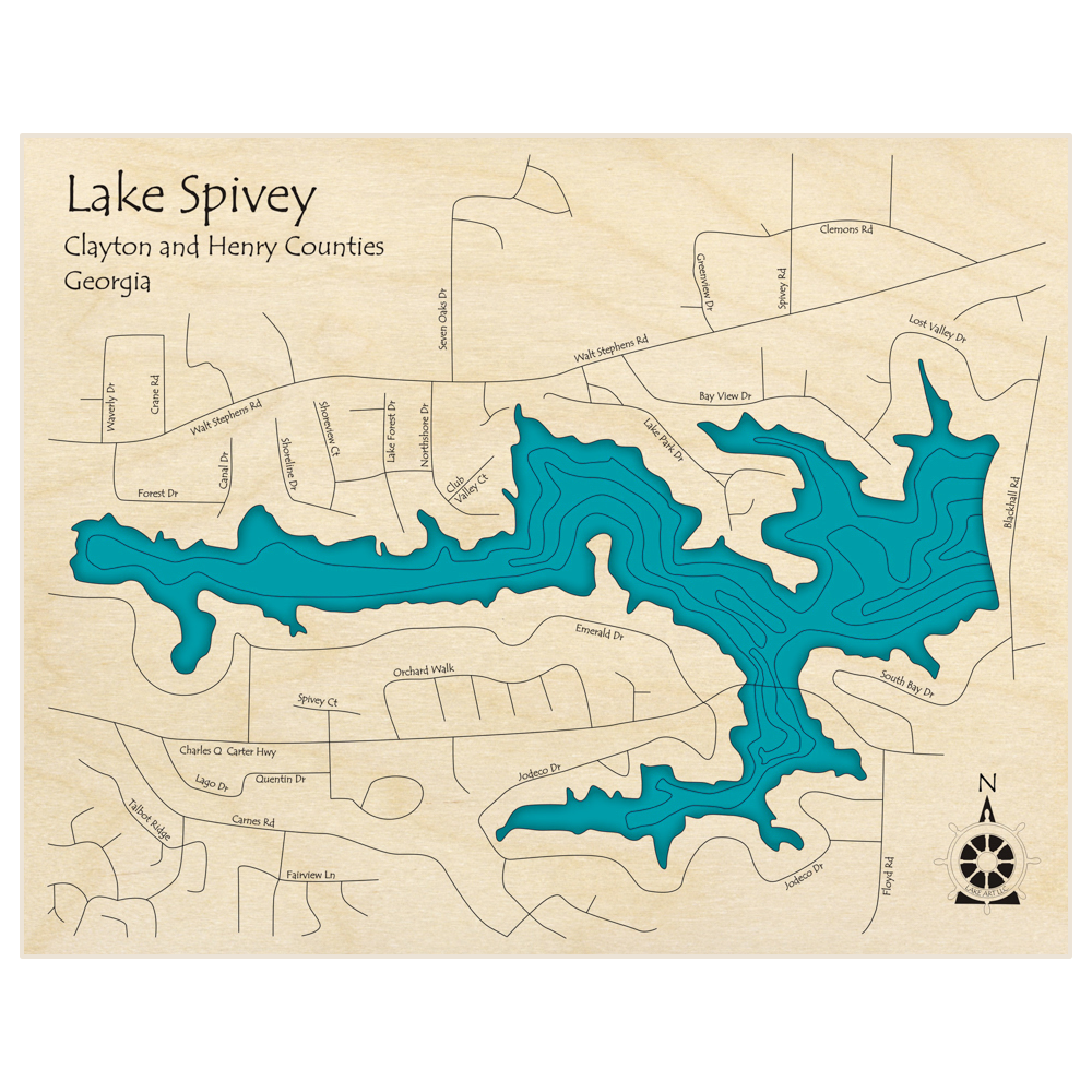 Bathymetric topo map of Lake Spivey  with roads, towns and depths noted in blue water
