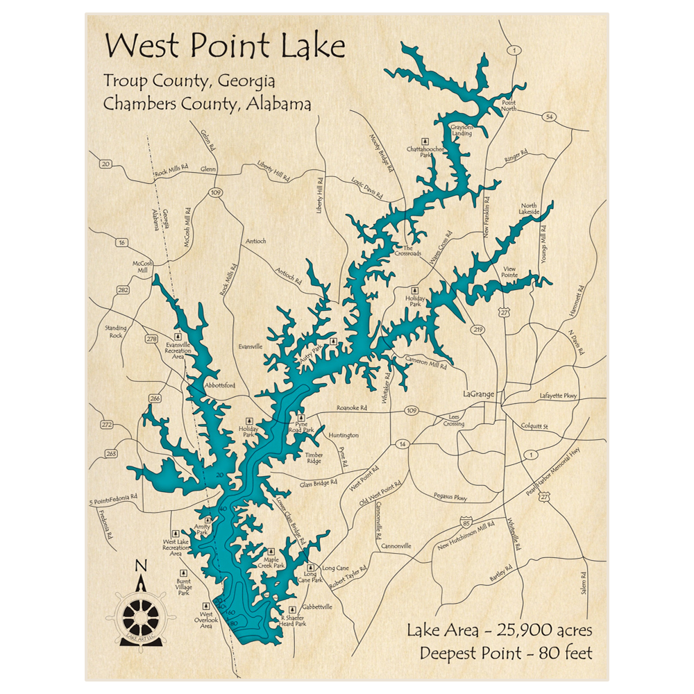Bathymetric topo map of West Point Lake with roads, towns and depths noted in blue water