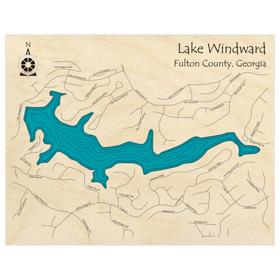 Bathymetric topo map of Lake Windward  with roads, towns and depths noted in blue water