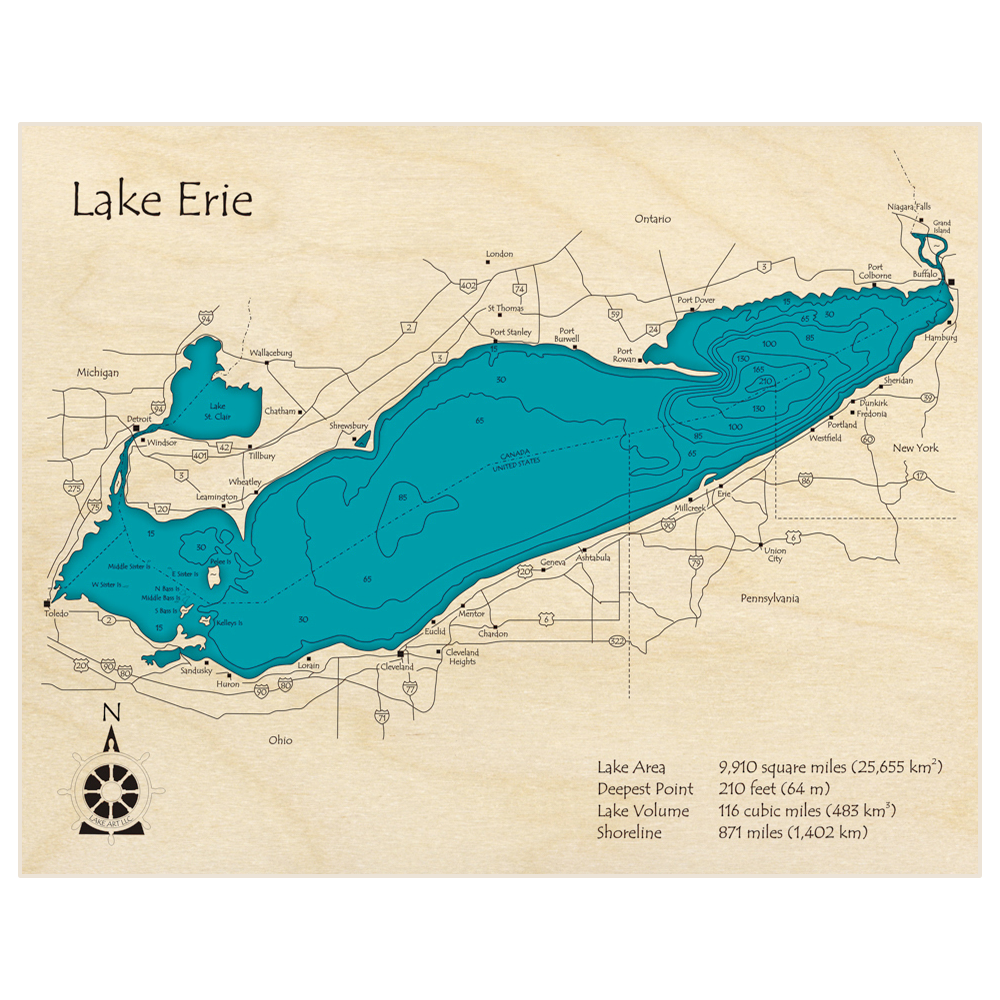 Bathymetric topo map of Lake Erie with roads, towns and depths noted in blue water