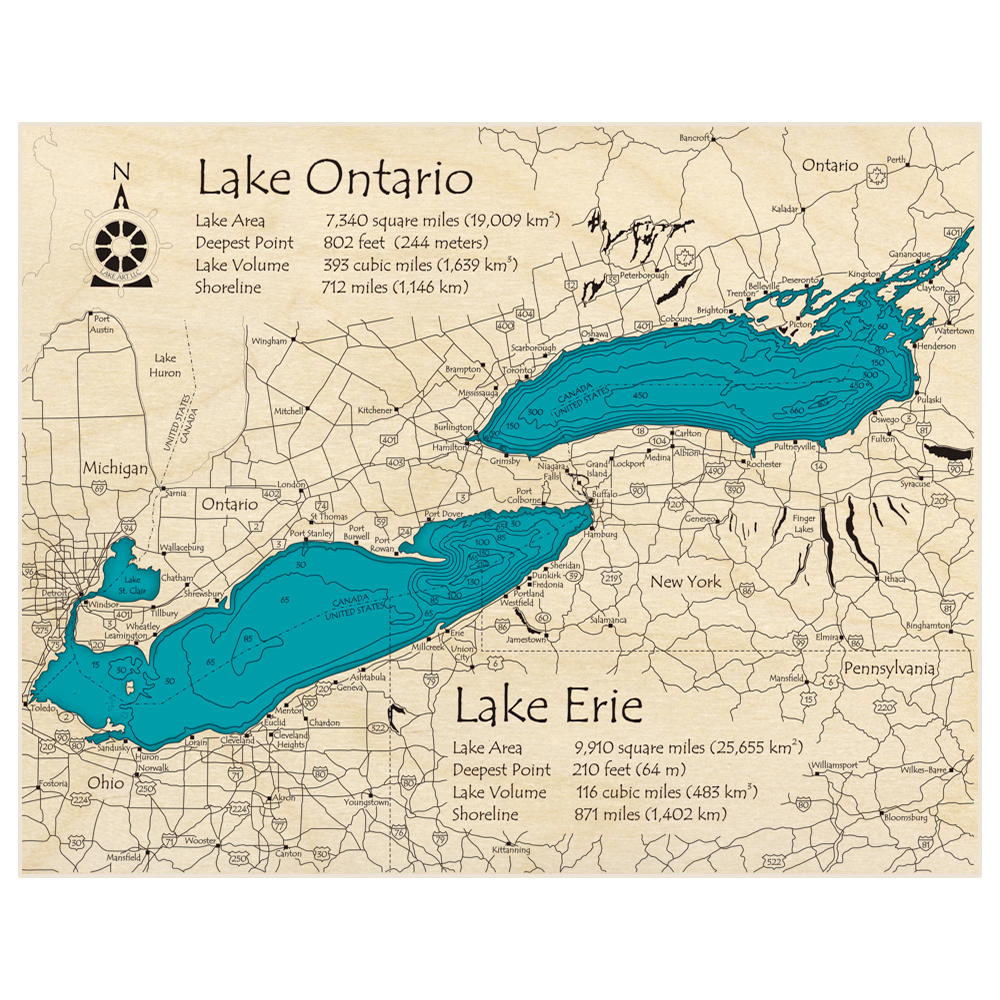 Bathymetric topo map of Lake Erie with Lake Ontario with roads, towns and depths noted in blue water