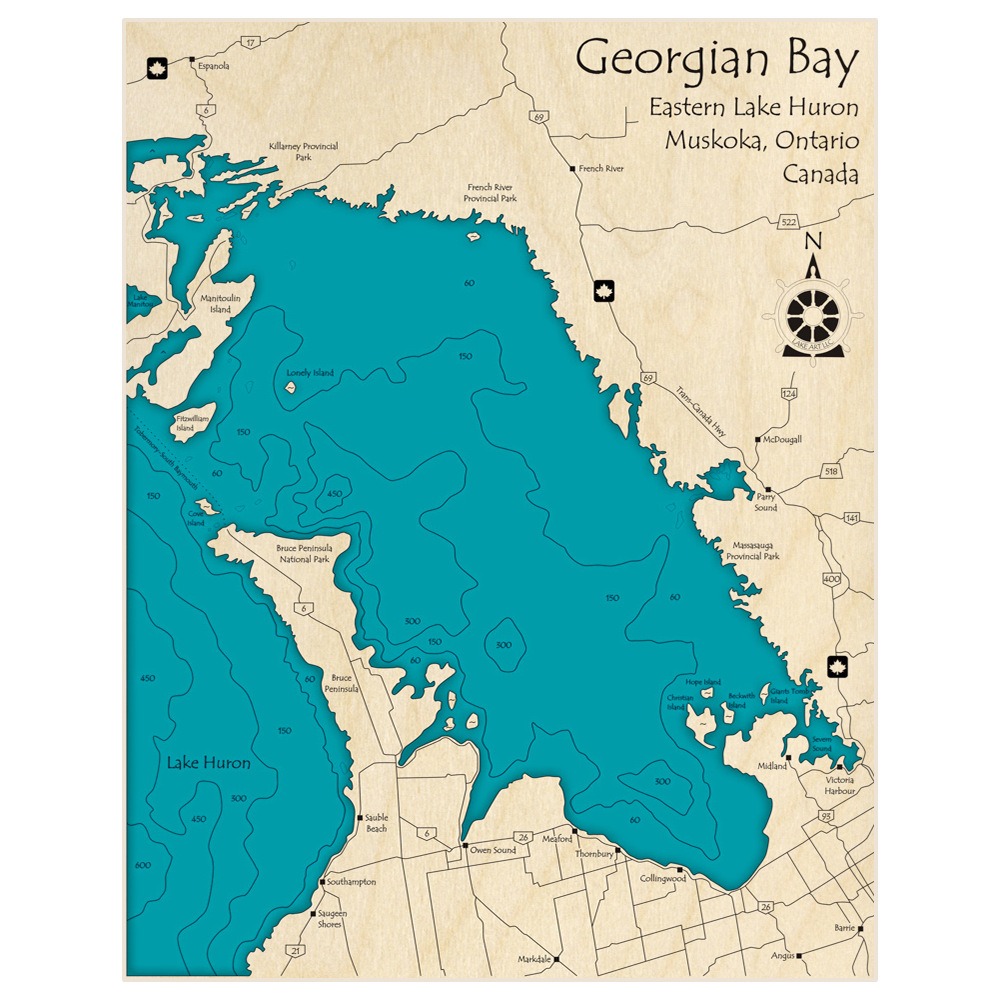 Bathymetric topo map of Georgian Bay of Lake Huron with roads, towns and depths noted in blue water