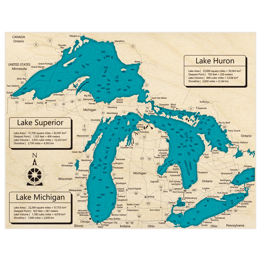 Bathymetric topo map of Lake Superior (w Lake Michigan and Lake Huron) with roads, towns and depths noted in blue water