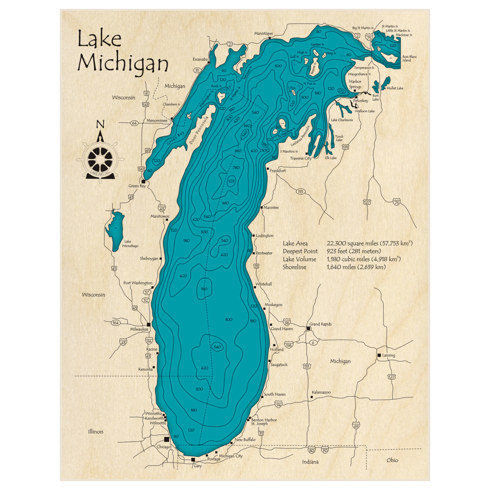Bathymetric topo map of Lake Michigan with roads, towns and depths noted in blue water