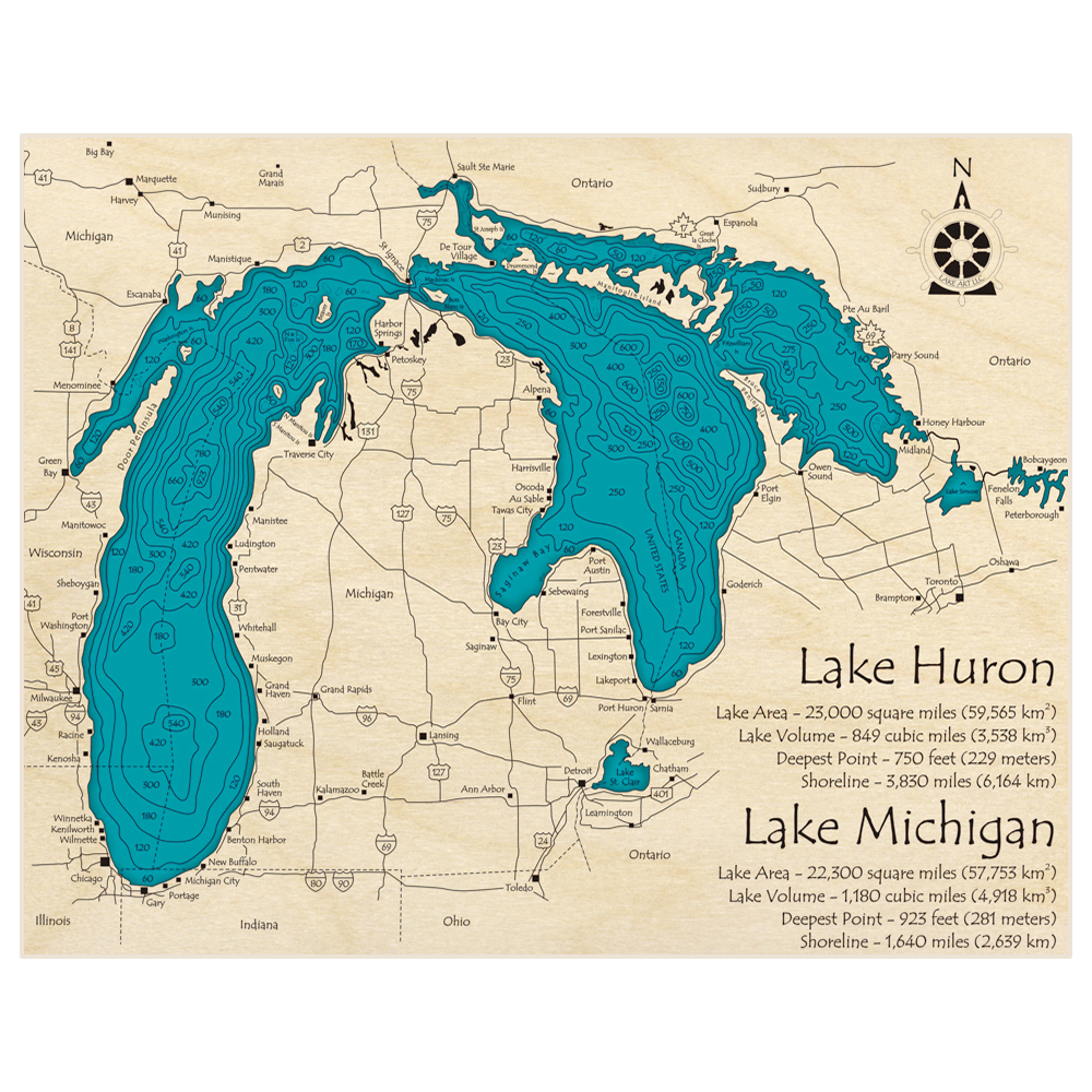 Bathymetric topo map of Lake Michigan and Lake Huron with roads, towns and depths noted in blue water