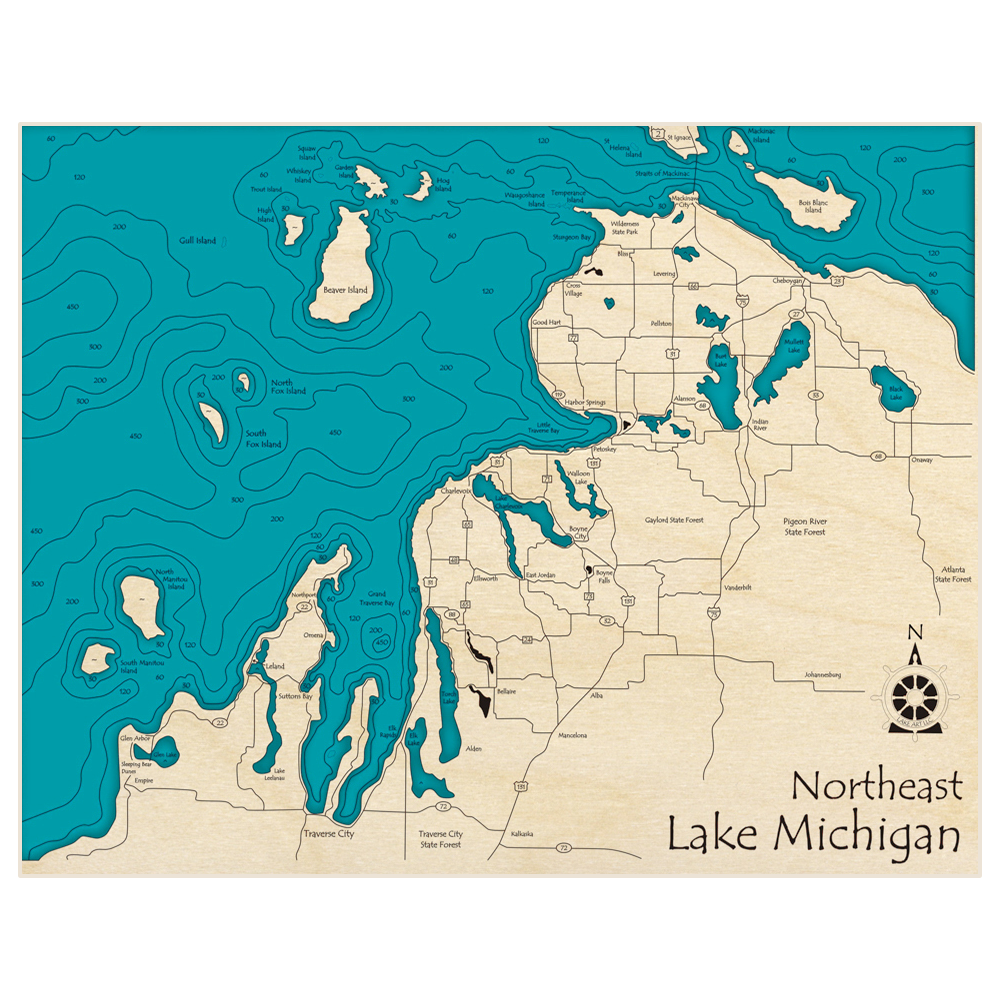 Bathymetric topo map of Northeast Lake Michigan (Traverse City to St Ignace) with roads, towns and depths noted in blue water