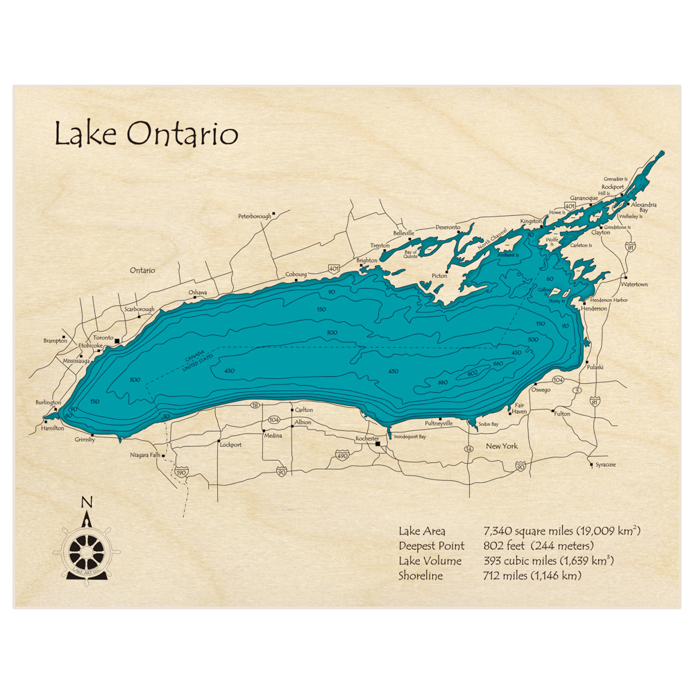 Bathymetric topo map of Lake Ontario with roads, towns and depths noted in blue water
