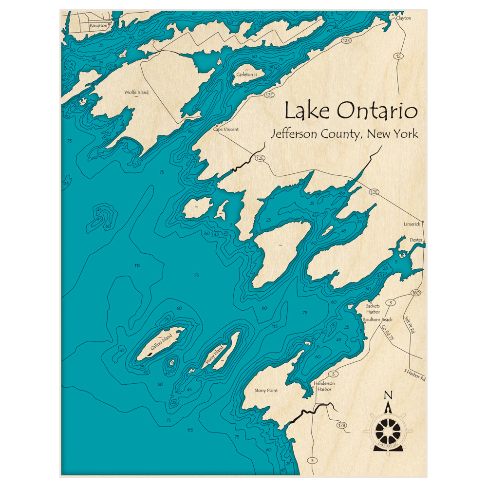 Bathymetric topo map of Lake Ontario (Stoney Pt to Wolf Island) with roads, towns and depths noted in blue water