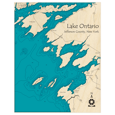 Bathymetric topo map of Lake Ontario (Stoney Pt to Wolf Island) with roads, towns and depths noted in blue water