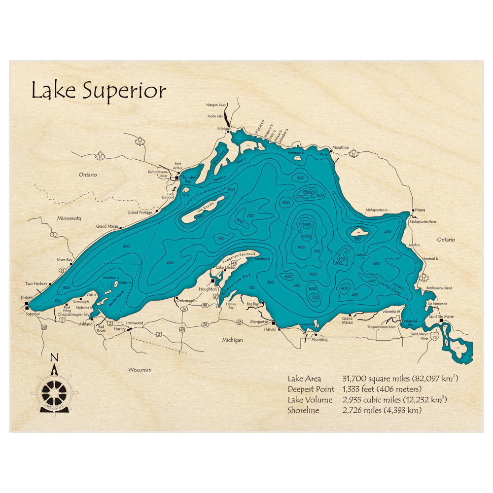 Bathymetric topo map of Lake Superior with roads, towns and depths noted in blue water