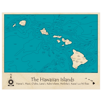 Bathymetric topo map of The Hawaiian Islands with roads, towns and depths noted in blue water