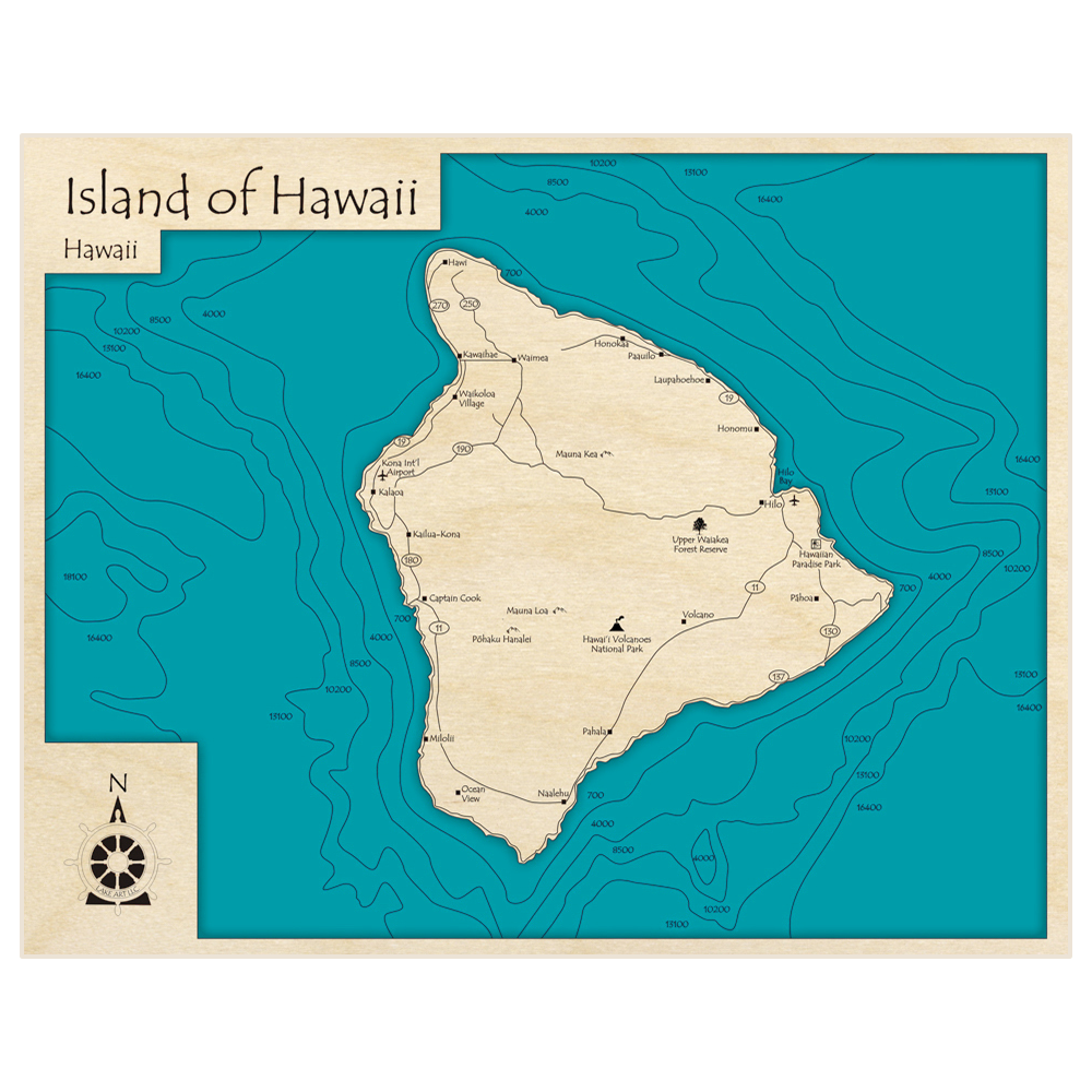 Bathymetric topo map of Island of Hawaii (Only the Big Island) with roads, towns and depths noted in blue water