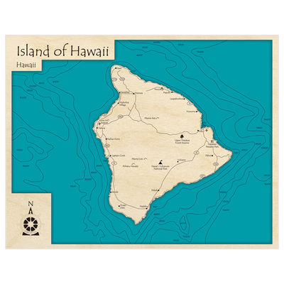Bathymetric topo map of Island of Hawaii (Only the Big Island) with roads, towns and depths noted in blue water