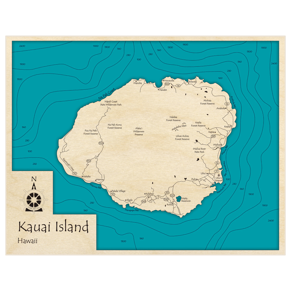 Bathymetric topo map of Kauai Island with roads, towns and depths noted in blue water