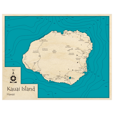 Bathymetric topo map of Kauai Island with roads, towns and depths noted in blue water
