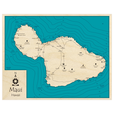 Bathymetric topo map of Maui Island with roads, towns and depths noted in blue water
