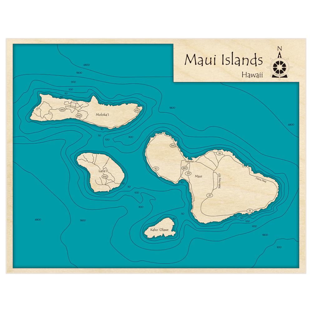 Bathymetric topo map of Maui Islands (all four Islands of Maui) with roads, towns and depths noted in blue water