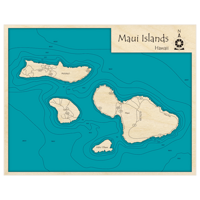 Bathymetric topo map of Maui Islands (all four Islands of Maui) with roads, towns and depths noted in blue water