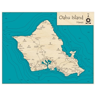 Bathymetric topo map of Oahu Island with roads, towns and depths noted in blue water