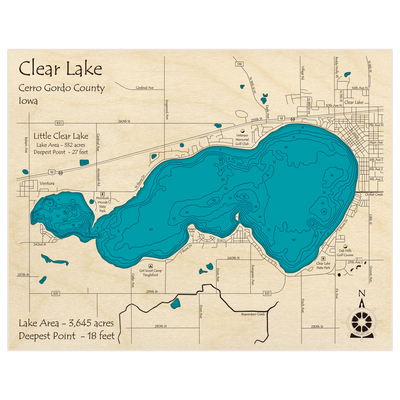 Bathymetric topo map of Clear Lake with roads, towns and depths noted in blue water