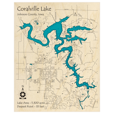 Bathymetric topo map of Coralville Lake with roads, towns and depths noted in blue water
