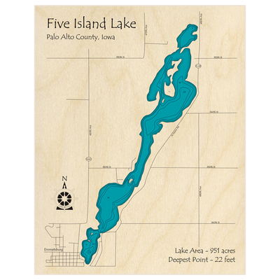 Bathymetric topo map of Five Island Lake with roads, towns and depths noted in blue water