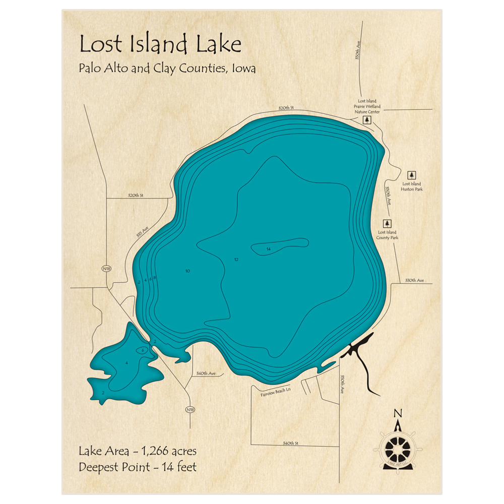 Bathymetric topo map of Lost Island Lake with roads, towns and depths noted in blue water