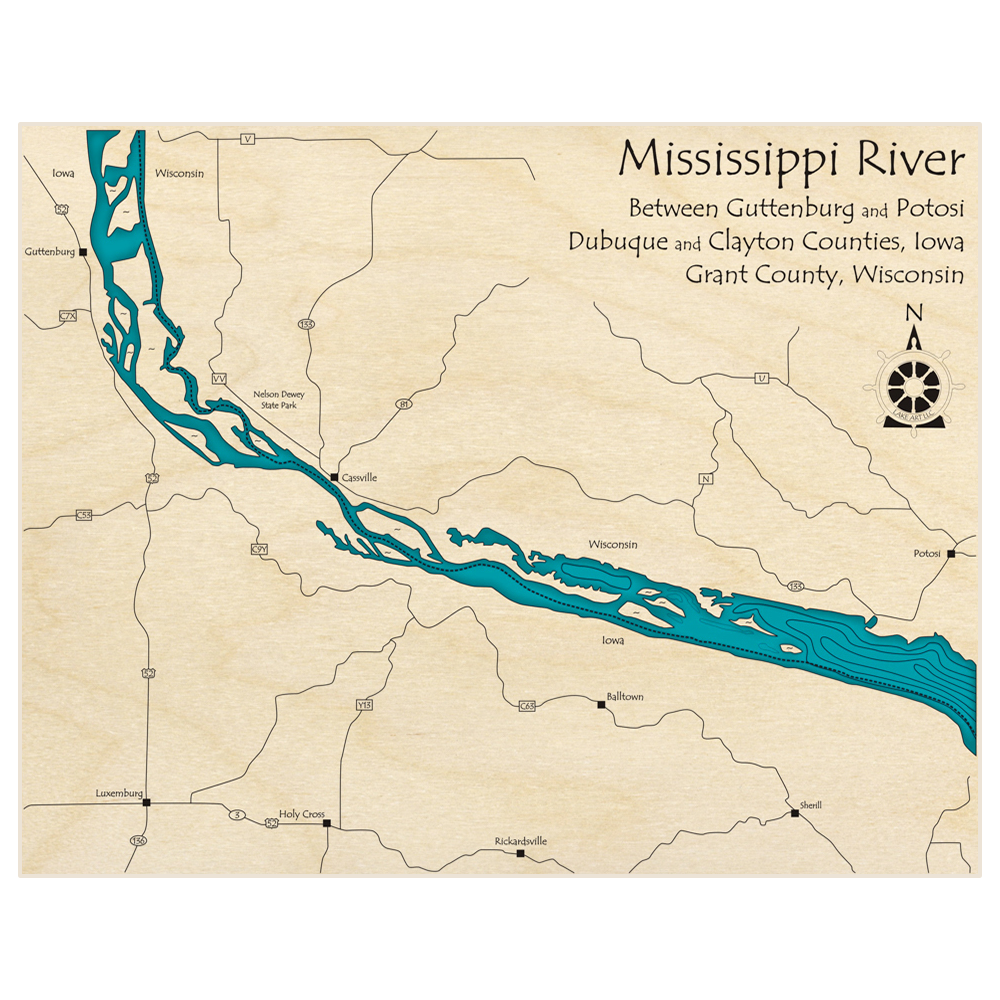 Bathymetric topo map of Mississippi River (Guttenberg to Potosi)  with roads, towns and depths noted in blue water