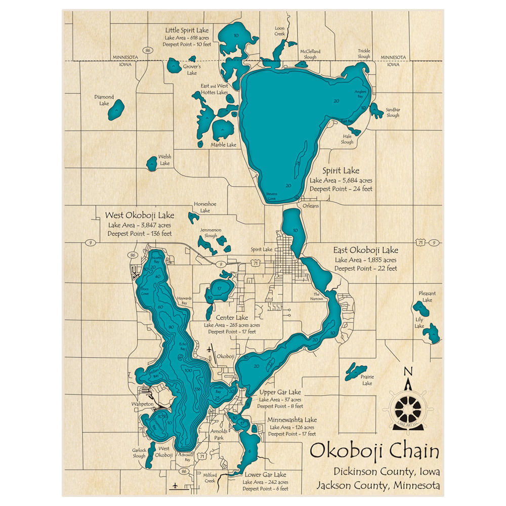 Bathymetric topo map of Okoboji Chain of Lakes (East West and Spirit Lake) with roads, towns and depths noted in blue water