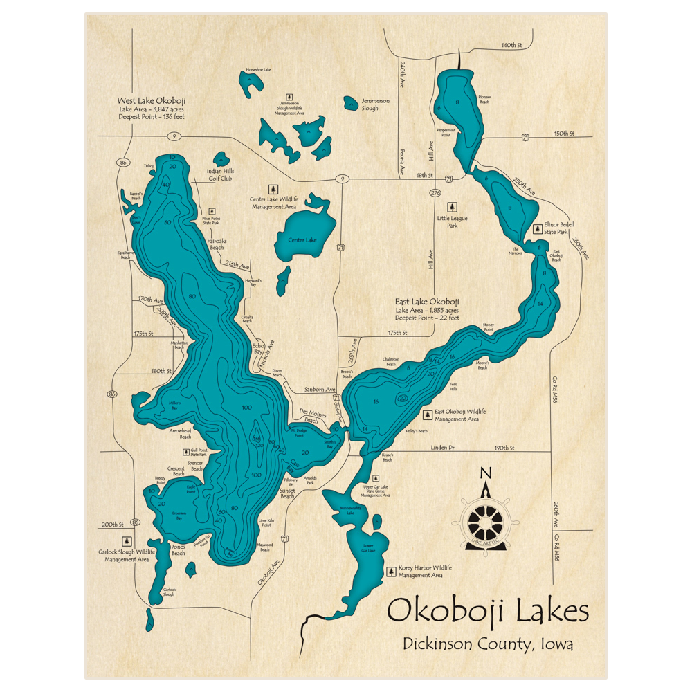 Bathymetric topo map of Lake Okoboji (East and West WITHOUT Spirit Lake) with roads, towns and depths noted in blue water