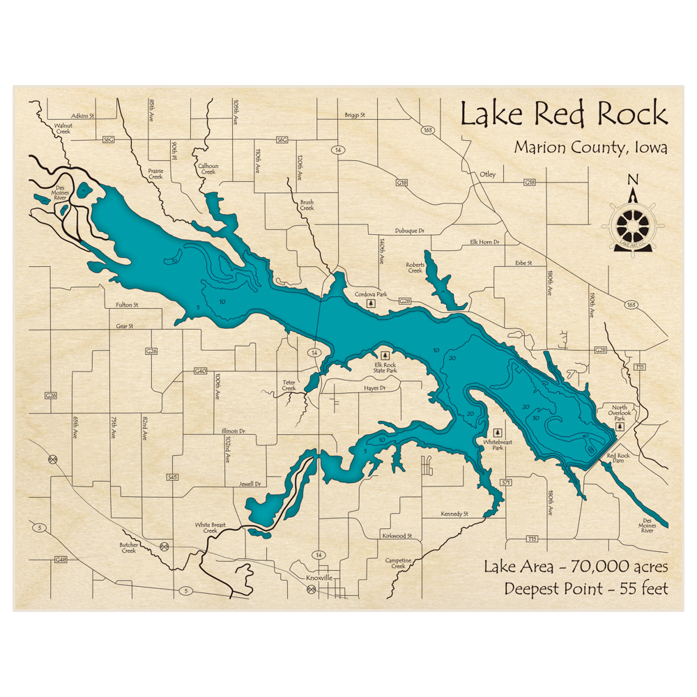 Bathymetric topo map of Lake Red Rock with roads, towns and depths noted in blue water