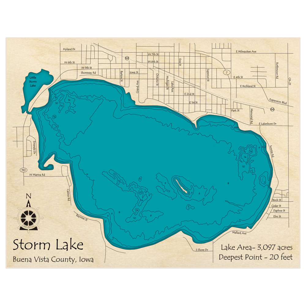 Bathymetric topo map of Storm Lake with roads, towns and depths noted in blue water