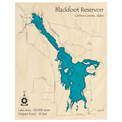 Bathymetric topo map of Blackfoot Reservoir with roads, towns and depths noted in blue water