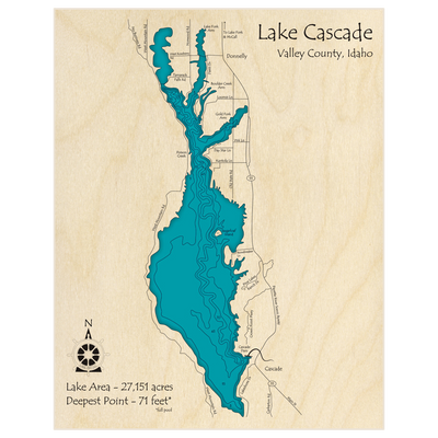Bathymetric topo map of Lake Cascade with roads, towns and depths noted in blue water