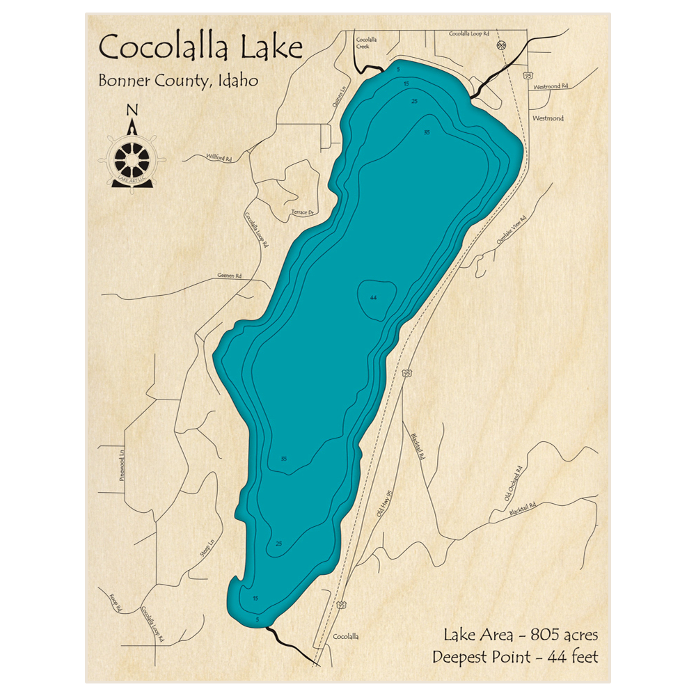 Bathymetric topo map of Cocolalla Lake with roads, towns and depths noted in blue water