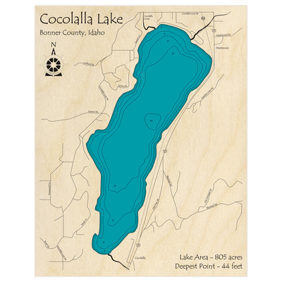 Bathymetric topo map of Cocolalla Lake with roads, towns and depths noted in blue water