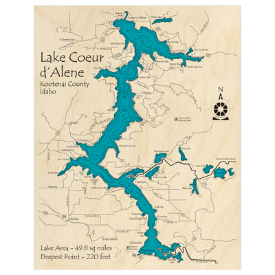 Bathymetric topo map of Lake Coeur dAlene with roads, towns and depths noted in blue water